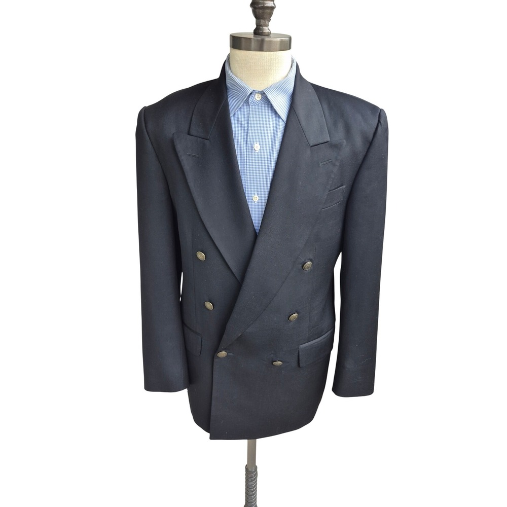 Yves Saint Laurent Mens Double Breasted Wool Blazer Black Gold Button 42 R VTG